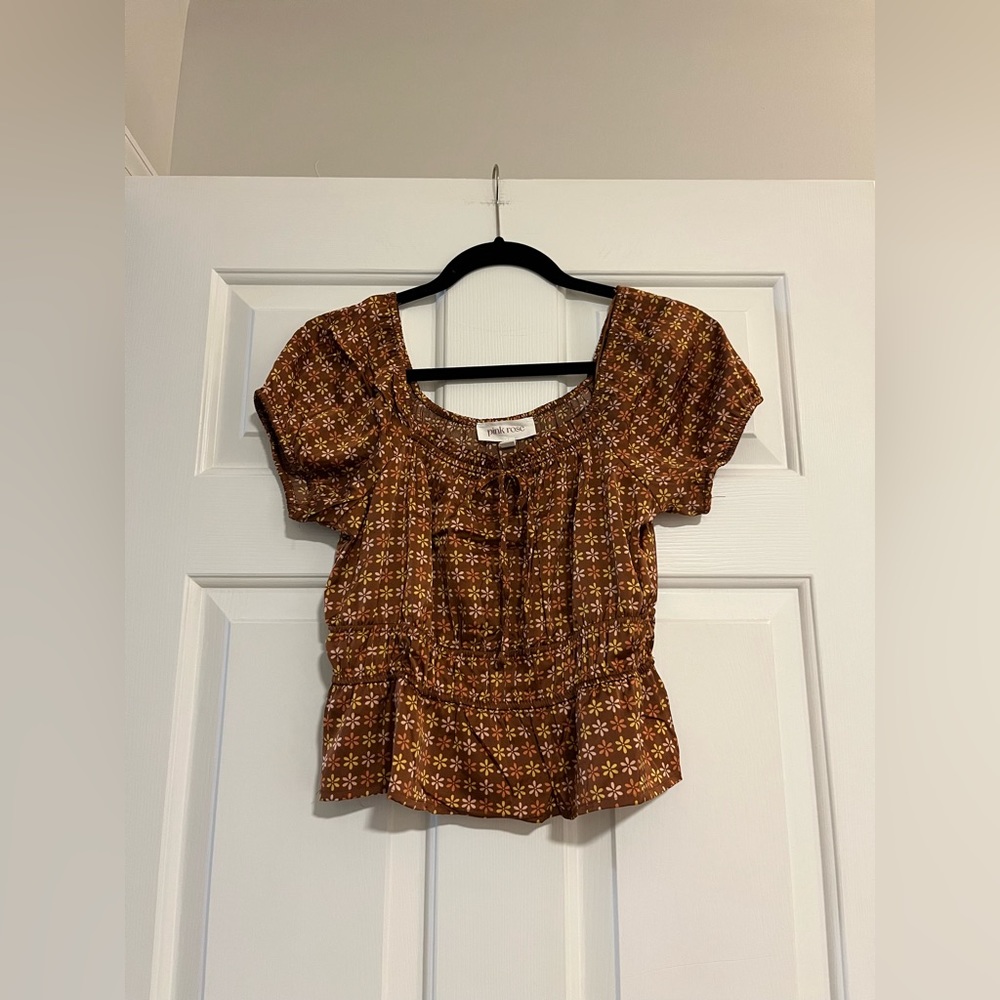 Pink Rose Brown Top with Orange, Yellow and Pink Flowers Size M